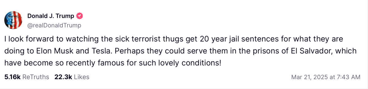 Donald Trump truth social statement considering prison sentences for Tesla vandals 